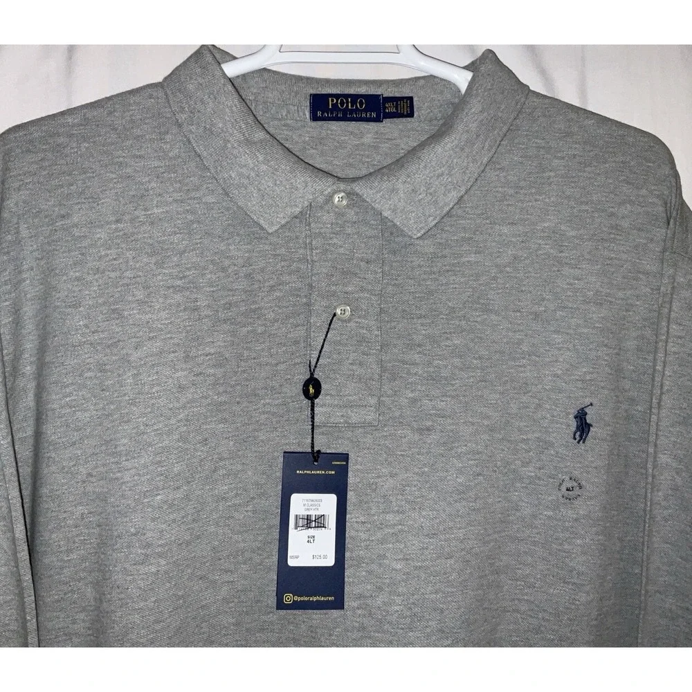 NWT Men's Polo Ralph Lauren Long Sleeve Polo‎ Shirt Gray Heather Navy Pony 4XLT